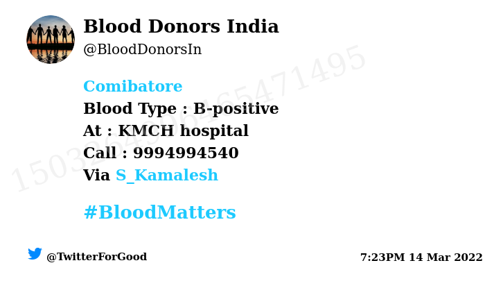 BloodDonorsIn's tweet photo. #Comibatore
Need #Blood Type : B-positive
Blood Component : blood
Number of Units : 2
Primary Number : 9994994540
Via: @S_Kamalesh
#BloodMatters
Powered by Twitter https://t.co/OitX0E6pMF