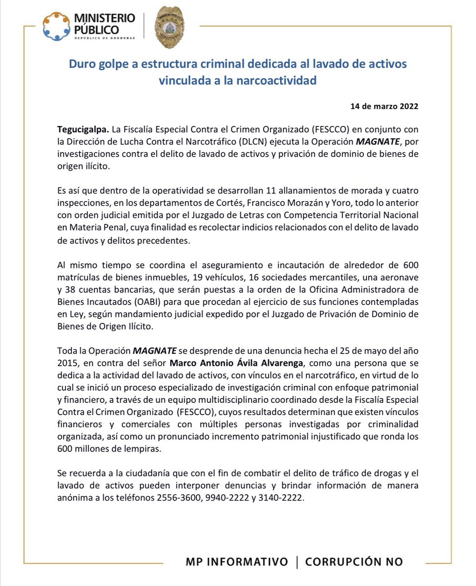 mnoticiashn's tweet photo. #Aseguramientos la #FESCCO y la #DCLN ejecutan la Operación #Magnate que consiste en el delito de Lavado de Activos y Privación de dominios de bienes de origen ilícito. https://t.co/UlXTr3dDyX