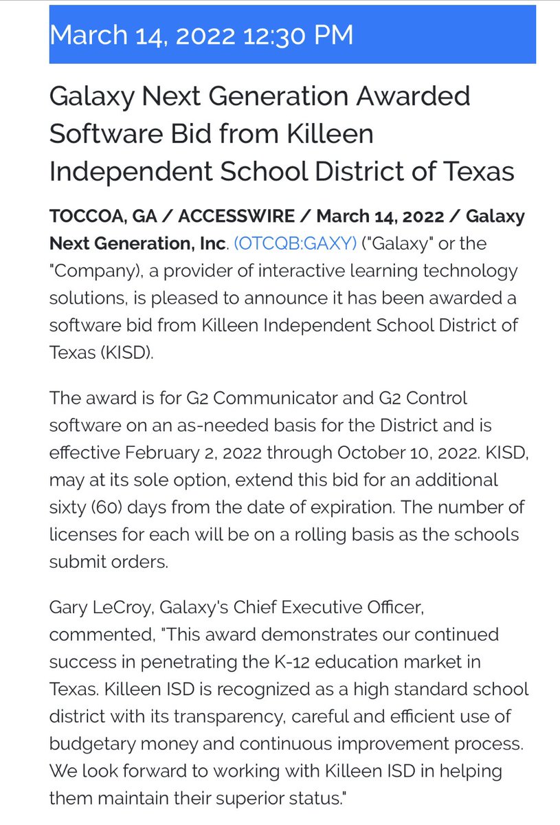 cooltigerx's tweet photo. $GAXY update
After R/S & new improved share structure- GAXY & @Magen_McGaheeG2 is communicating continuously on the progress of company.
Latest update π
@Galaxy_Next_Gen Awarded Software Bid from Killeen Independent School District of Texas.
#G2 #G2communicator #Edtech https://t.co/Yb64SwDZbv