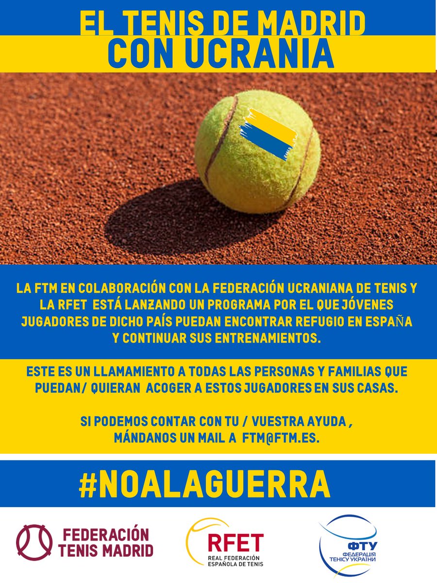 📣 ¡ATENCIÓN! 

Desde la FTM, estamos organizando un programa de acogida de jóvenes jugadores ucranianos en colaboración con la RFET y la Federación Ucraniana de Tenis. 

✍️ Escribid a ftm@ftm.es si estáis interesados en colaborar. 

👉 NOTICIA: bit.ly/3JbMEv0