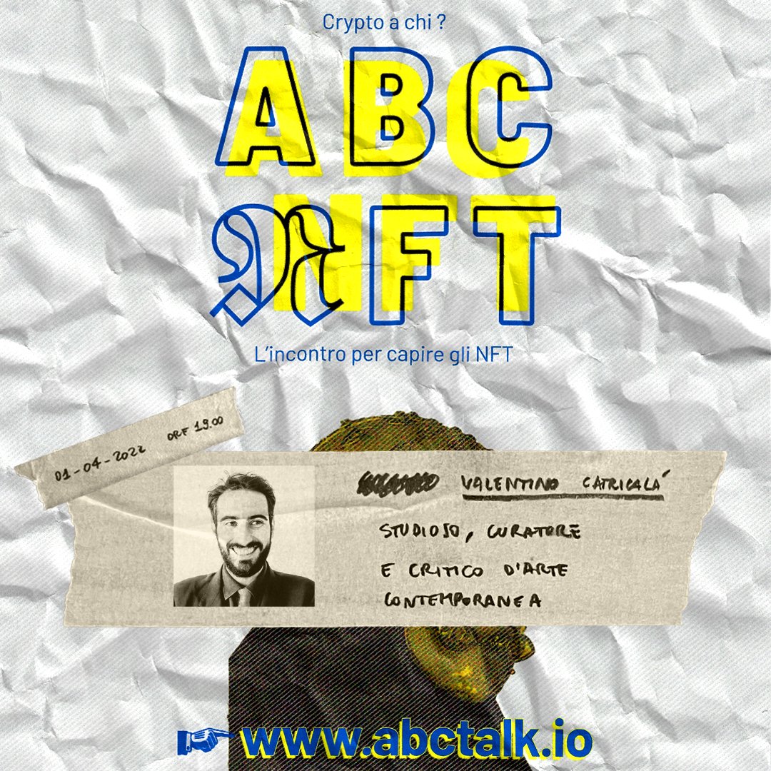 Cominciamo con il presentarvi i nostri ospiti, il moderatore della serata: Valentino Catricalà. 
Studioso e Curatore di Arte contemporanea. Attualmente è curatore di SODA Gallery Manchester e docente presso la Manchester Metropolitan University.

#NFT #talk  #CryptoArt #arte
