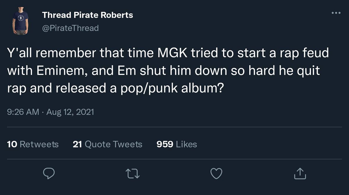 PirateThread's tweet photo. Meanwhile, Eminem is still known as the GOAT. #RapGod #RapDevil #MGK #Eminem

https://t.co/vWLzVjm97Z https://t.co/1fNPjY12qQ
