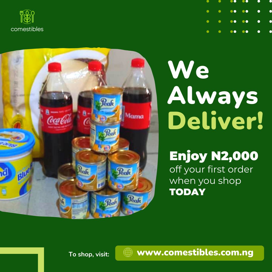 It's a new week and as always we're here to take that burden off your shoulder!

Visit app.comestibles.com.ng to do all of your grocery shopping right from your comfort zone.

#fooddelivery #lagosrestaurant #ibadanlounge #Lagosmarket #foodblog #recipes #bakerinlagos #ibadanbaker