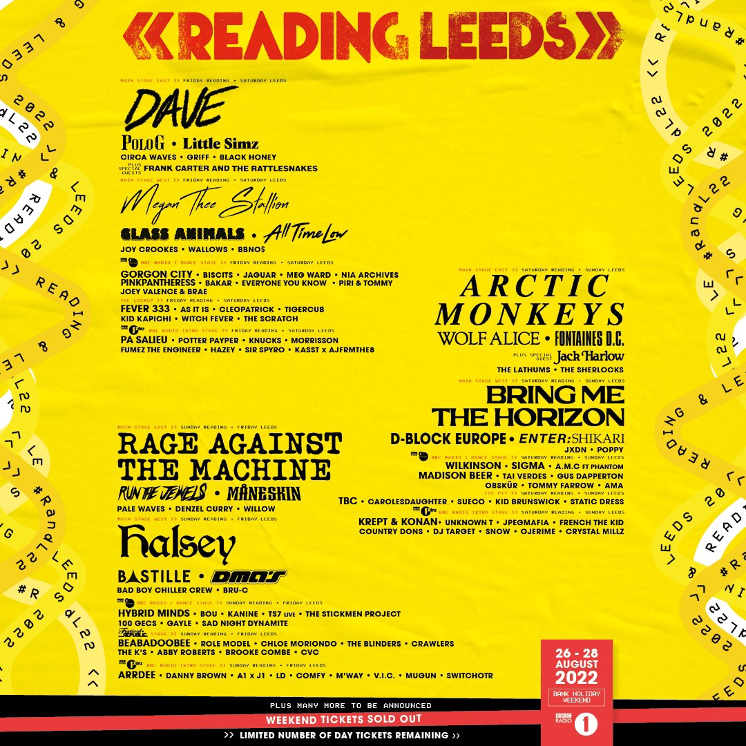 OfficialRandL's tweet photo. Your second #RandL22 lineup drop is here! 👀 Over 100 names and 5 months to go! 🎉 

LIMITED Day tickets available below 👇 

Reading ❤️ https://t.co/RFcv5ppQ2g
Leeds 💛 https://t.co/8isJZtjwxf https://t.co/tDodgkclIk
