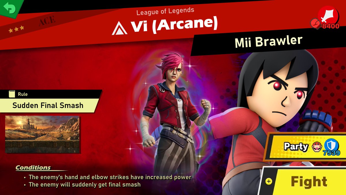 GaleemL's tweet photo. Vi (Arcane) Spirit

Fighter: Mii Brawler
Stage: Bridge of Eldin
Song: Time To Make History - Persona 4 Golden
Alt Song: Playground - Bea Miller (Arcane)

#GaleemSpiritLibrary #SmashBros #LeagueOfLegends #Arcane https://t.co/lDaJ03l9j7