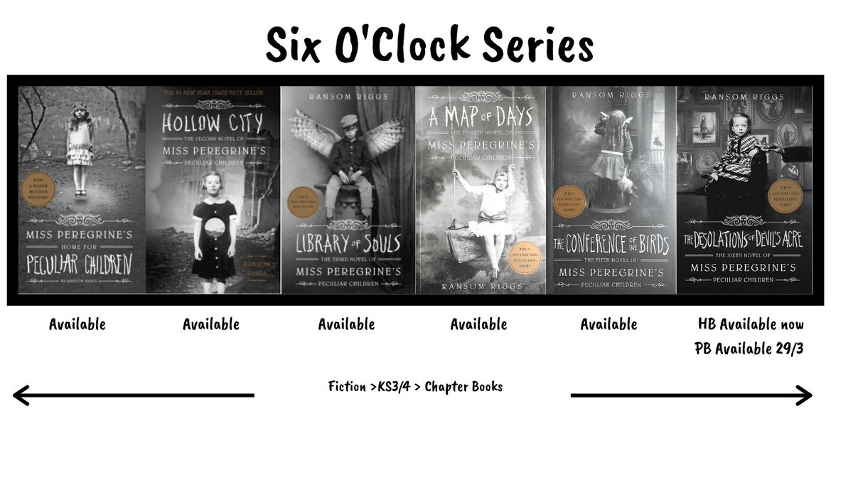 HeathBooks's tweet photo. 📚❤️Stay in the loop of series we love with #sixoclockseries! The spooky Miss Peregrine's Peculiar Children series by @ransomriggs concludes with The Desolations of Devil's Acre (out in PB soon) &amp; remains a page turner to the very end! (KS3/4) ❤️📚 #ReadForPleasure @PenguinTeen https://t.co/s0IGX4NDmR