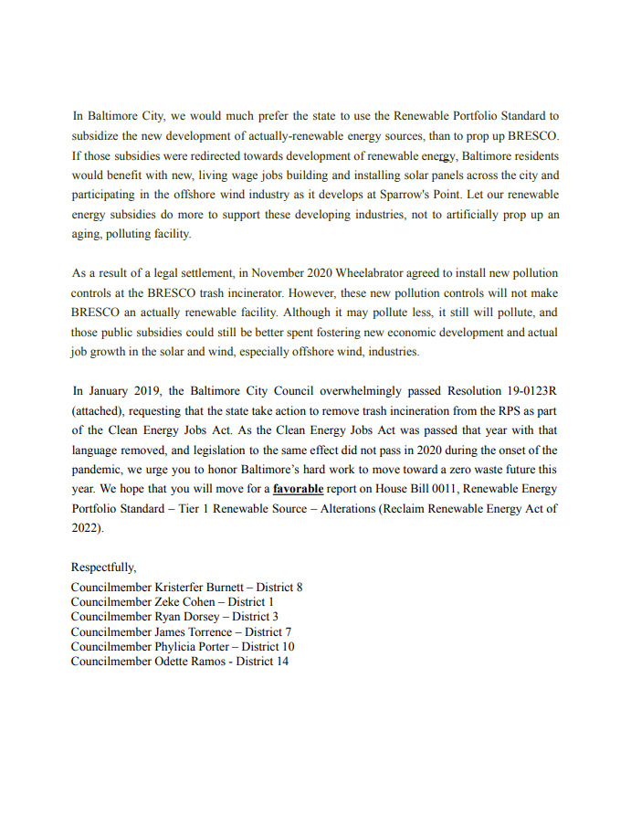 CleanWater_MD's tweet photo. #Baltimore is resolute: burning trash is NOT clean energy! TY to @CouncilmanKB, @Zeke_Cohen, @ElectRyanDorsey, @JamesTorrenceJD, @PhyliciaPorter_, &amp; @odetteramos for sending a letter of support for the #ReclaimRenewable Energy Act! #mdga22 #ClimateAction #ZeroWaste https://t.co/YCBuX4eMis