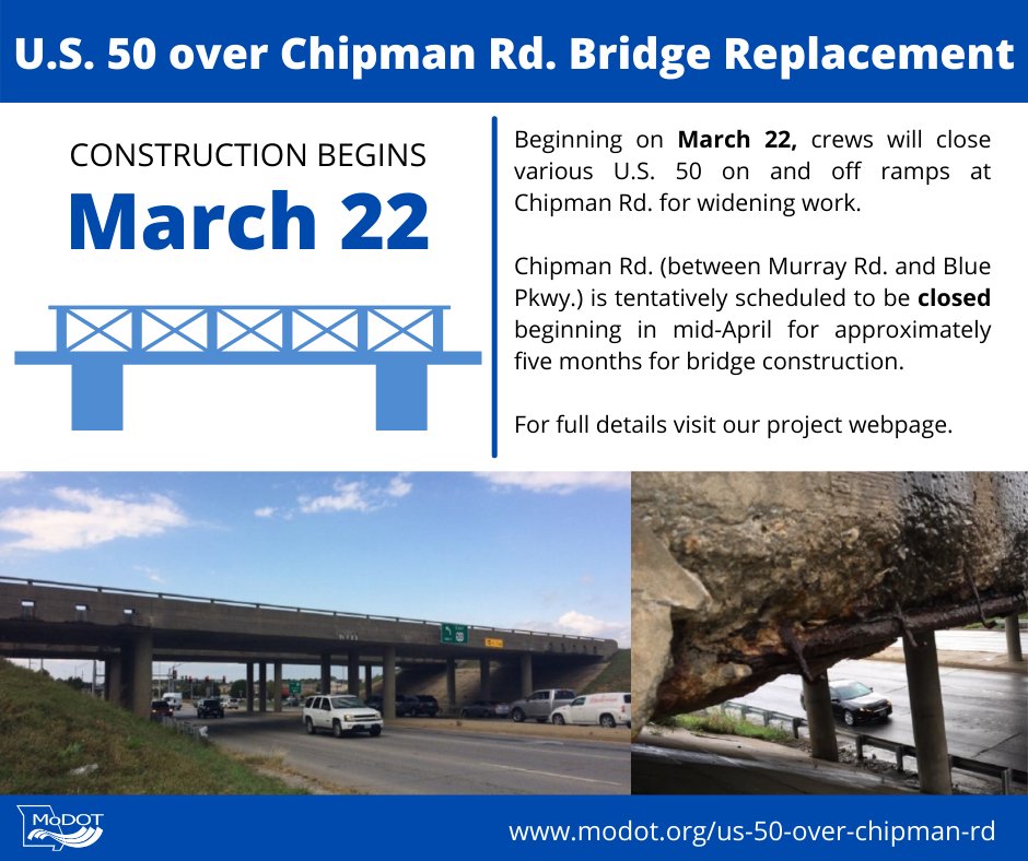 MoDOT_KC's tweet photo. ๐ง BRIDGE WORK: Bridge replacement work in Lee's Summit at U.S. 50 and Chipman Rd. begins next week. Full details here: https://t.co/sWFc4rvgaG https://t.co/v7TZPk67ax