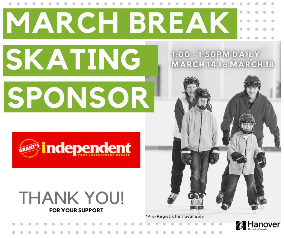 TownofHanover's tweet photo. FREE March Break Skating | Daily March 14 -18th | 1:00- 1:50pm | Thank you to our sponsor: Grant’s Your Independent Grocer | Pre-registration available at https://t.co/fMlZ1p1ffV https://t.co/z1oyjm3KXf