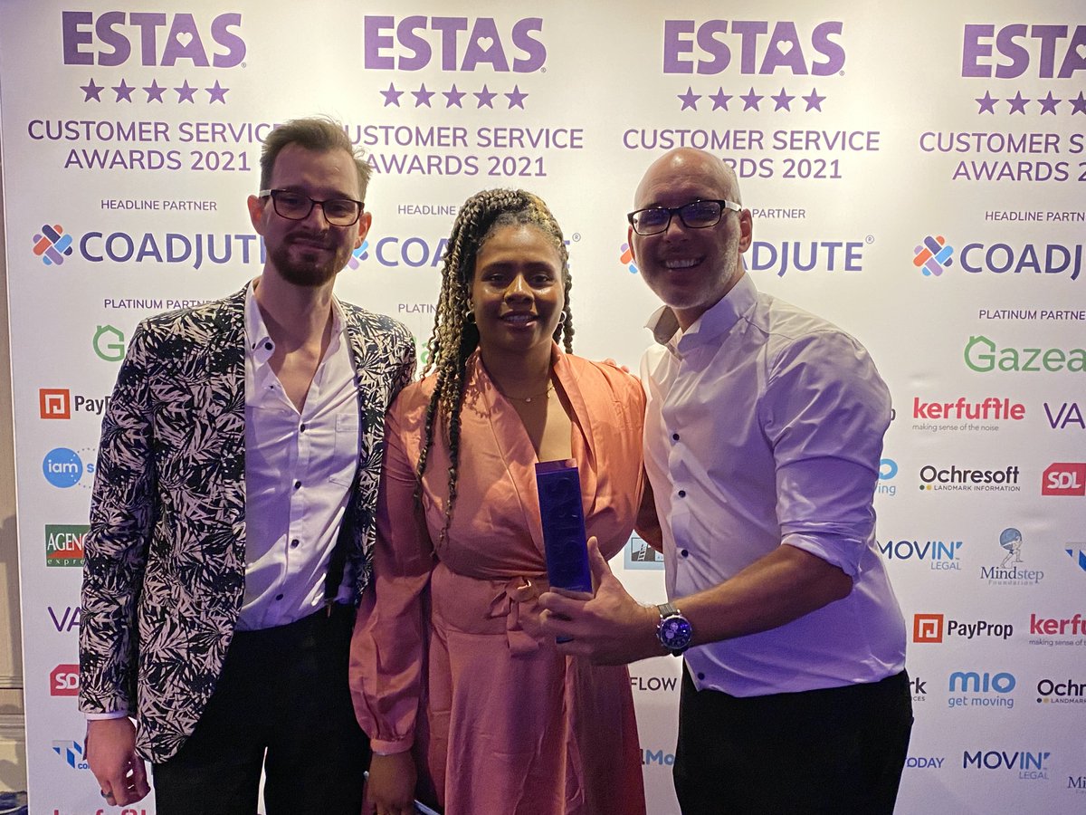 EstateAppsUK's tweet photo. Our amazing team work exceptionally hard to provide the best service for our customers. We are so proud to have won our 4th consecutive Customer Service Award at the ESTAS ceremony in October 2021!
Left to right: Adam, Rebecca, Alex
@THE_ESTAS
#servicematters #estasawards https://t.co/UVHIkzcEa0