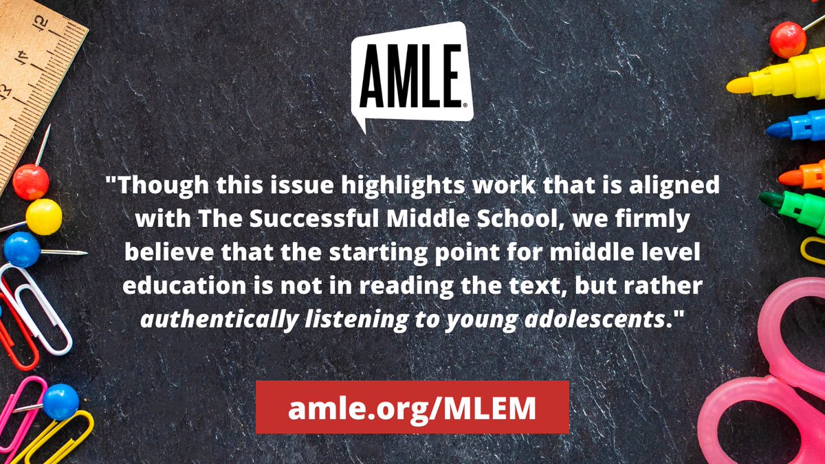 AMLE's tweet photo. It's week 3 of #MLEM and we're shouting out to the research that pushes our field forward. Our Middle School Journal editors kick us off by reminding us of the importance of listening to students. How do you provide space for student voice at your school?

https://t.co/1aQCTs8KZM https://t.co/Wlxt4QfCpV