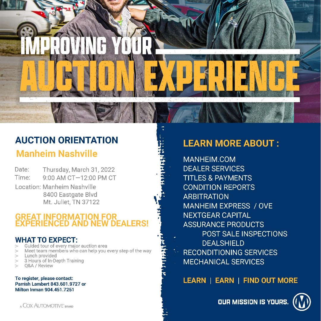 Manheim_NASH's tweet photo. Details on how to join our orientation session on Thursday, March 31st are below. Whether you are a new dealer or just want a refresher, we guarantee there is something valuable to learn by attending! See you there 
#coxautomotive #manheim #manheimnashville https://t.co/9mOxmEsSkw