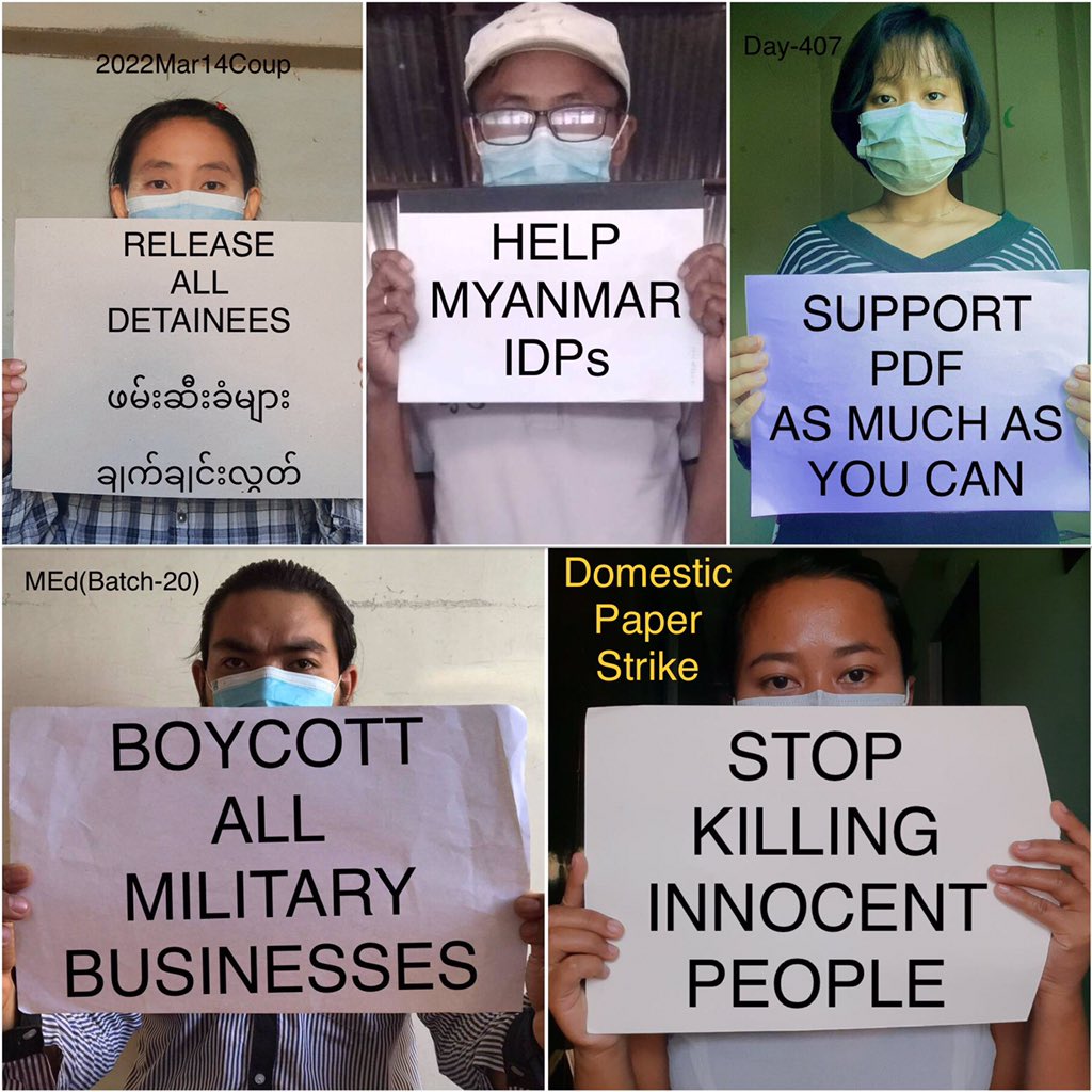 5 CDMer teachers, MEd [Batch-20], from Sagaing University of Education staged an anti-coup domestic strike as 407th day. 🪧  #2022Mar14Coup #HelpMyanmarIDPs #WhatsHappeningInMyanmar