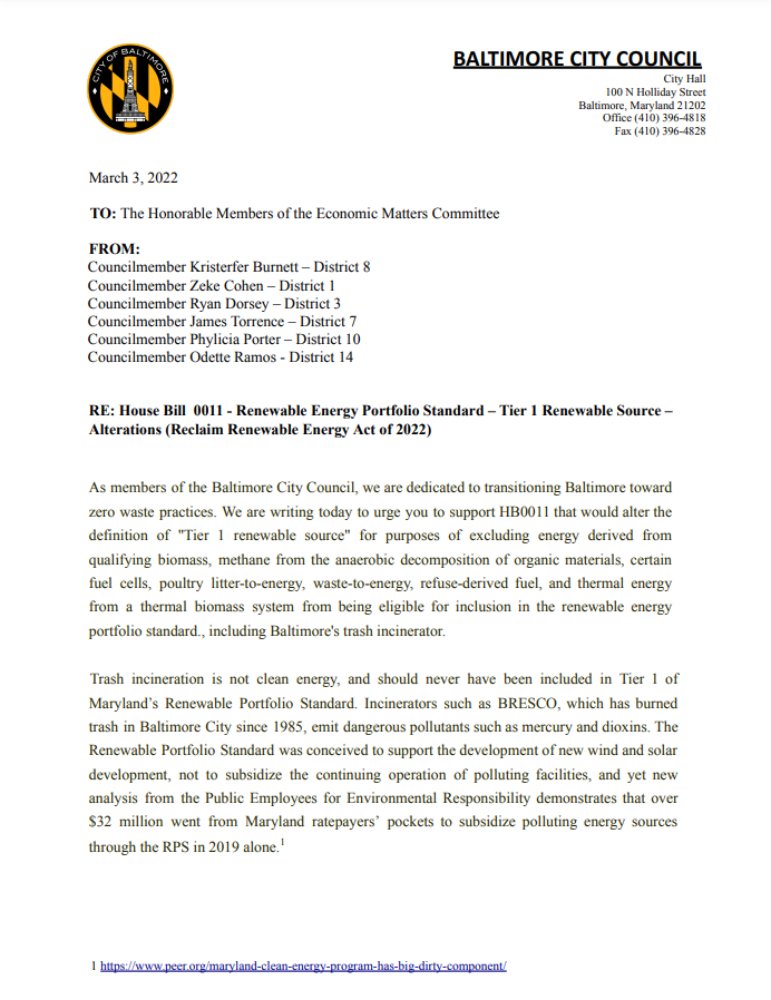 CleanWater_MD's tweet photo. #Baltimore is resolute: burning trash is NOT clean energy! TY to @CouncilmanKB, @Zeke_Cohen, @ElectRyanDorsey, @JamesTorrenceJD, @PhyliciaPorter_, &amp; @odetteramos for sending a letter of support for the #ReclaimRenewable Energy Act! #mdga22 #ClimateAction #ZeroWaste https://t.co/YCBuX4eMis