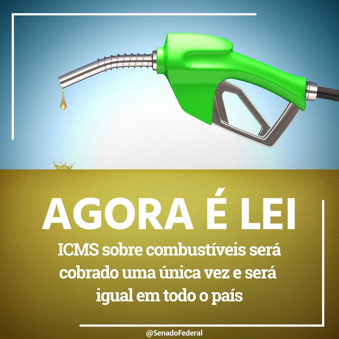 SenadoFederal's tweet photo. Sem vetos, foi sancionada a Lei Complementar 192, de 2022, que altera a regra de incidência do ICMS sobre os combustíveis para ajudar a frear os preços nas bombas. https://t.co/xCWoRWSGzA https://t.co/NBTdnxozaX