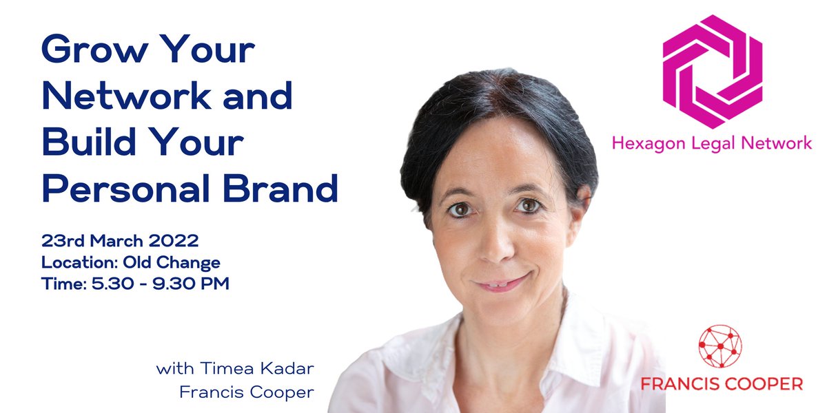 HexagonLegal's tweet photo. We are thrilled to be welcoming @KadarTimea and Francis Cooper on stage, delivering a session on #personalbranding. Practical tips for all, especially for fee-earners. Do not miss out on this! 
Tickets: https://t.co/IeoSV79NYq https://t.co/FSfvt3fB5q