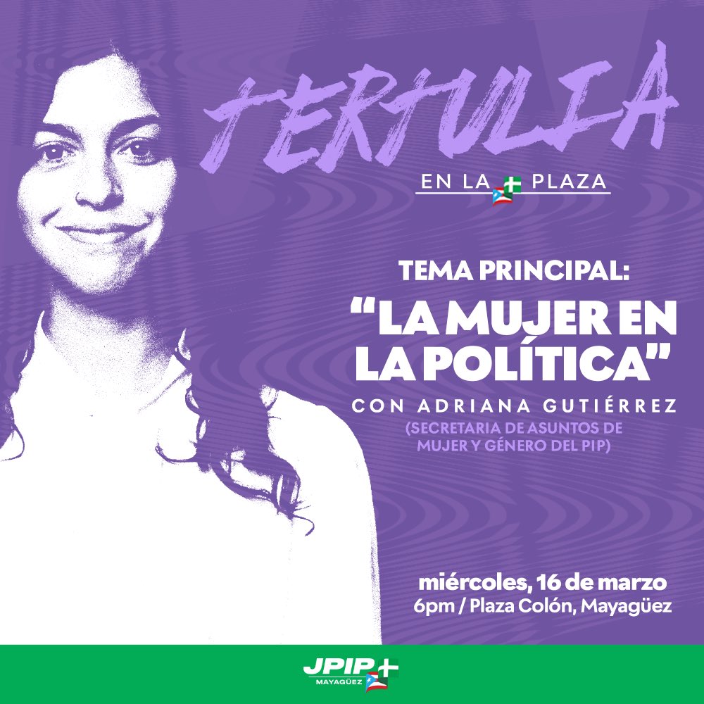 JPIP Mayagüez (@jpipmayaguez) on Twitter photo Acompáñanos el miércoles, 16 de marzo junto a nuestra secre de Asuntos de Mujer y Género, <a href="/AGutierrezColon/">Adriana Gutiérrez Colón</a> en la plaza de Colón.
¡Te esperamos! 🟢🟣 Acompáñanos el miércoles, 16 de marzo junto a nuestra secre de Asuntos de Mujer y Género, <a href="/AGutierrezColon/">Adriana Gutiérrez Colón</a> en la plaza de Colón.
¡Te esperamos! 🟢🟣