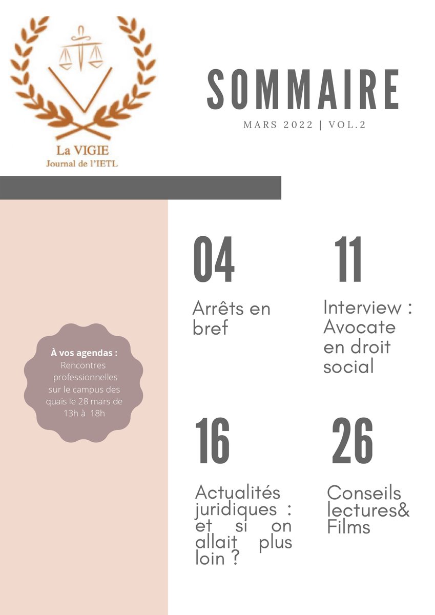 Adsl2Asso's tweet photo. C'est avec beaucoup de plaisir et de fierté que nous vous partageons le 2ème numéro de La Vigie, journal étudiant de l'IETL.
Au programme notamment : des actus juridiques et l'interview de Maître Gaillard, avocate en droit social.

https://t.co/dR7ABWaELm

Excellente lecture ! ✨ https://t.co/aw2hOIJVnM