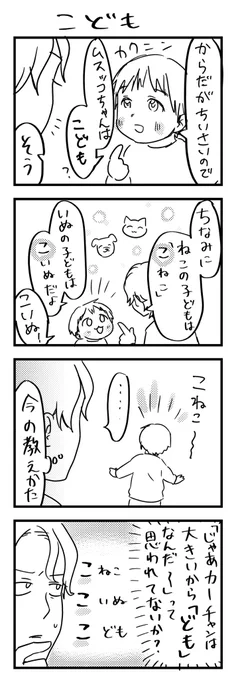 不安だったので、この後「カーチャンは、大人。人間の、大人と、子ども。君は、人間の、子ども。」と教えた。

#漫画が読めるハッシュタグ #4コマ漫画 #エッセイ #育児漫画 #3歳 