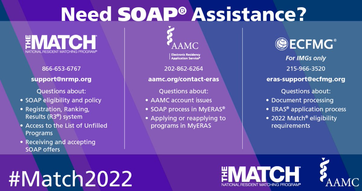 TheNRMP's tweet image. Do you need SOAP assistance? @ERASinfo , @ECFMG_IMG  and NRMP are here to help. #SOAP2022 #Match2022