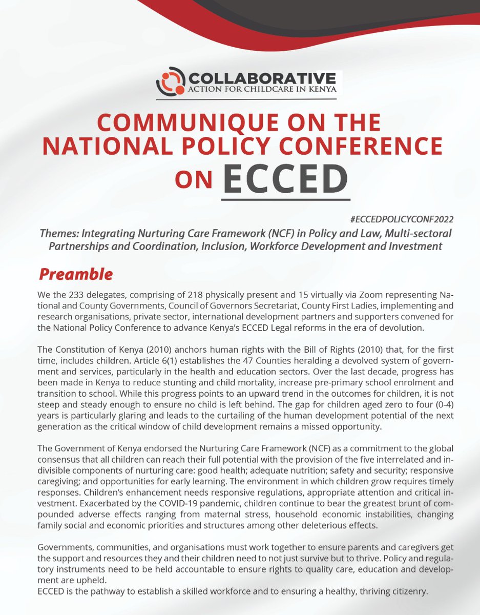 uthabitiafrica's tweet photo. The #ECCEDPolicyConf2022 that was attended by delegates from all over the nation had the following Call to Action on #Childcare.

@aphrc @ChildFund @Kidogo_ECD @CatholicRelief @communityagend1 @TheActionKenya @Faraja_KE @AKF_Global @ecdnetwork_ke @cfla_kenya @PATHKenya20 @wee_hub https://t.co/Jjg95Y9wsy