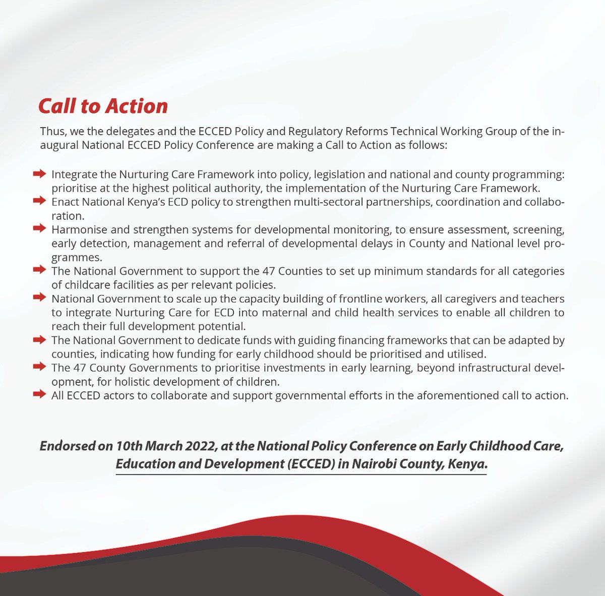 uthabitiafrica's tweet photo. The #ECCEDPolicyConf2022 that was attended by delegates from all over the nation had the following Call to Action on #Childcare.

@aphrc @ChildFund @Kidogo_ECD @CatholicRelief @communityagend1 @TheActionKenya @Faraja_KE @AKF_Global @ecdnetwork_ke @cfla_kenya @PATHKenya20 @wee_hub https://t.co/Jjg95Y9wsy