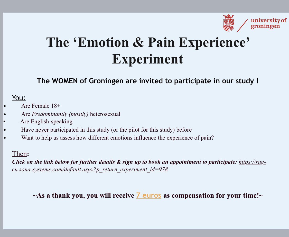 We are looking for participants for a research project investigating emotions and pain. See Poster below #women #emotions #pain #science #research 

rug-en.sona-systems.com/default.aspx?p…