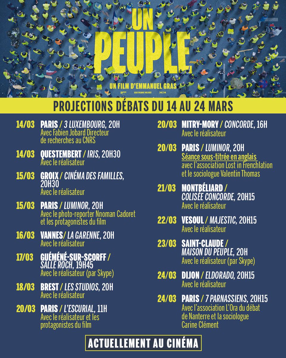 PeupleFilm's tweet image. Pour fêter la suspension du pass, on vous partage les prochaines projections débats d'UN PEUPLE d'Emmanuel Gras organisées du 14 au 24 mars !

Le film a besoin de vous pour continuer à exister, alors
n'hésitez pas à partager autour de vous et rejoignez-nous dans les cinémas !