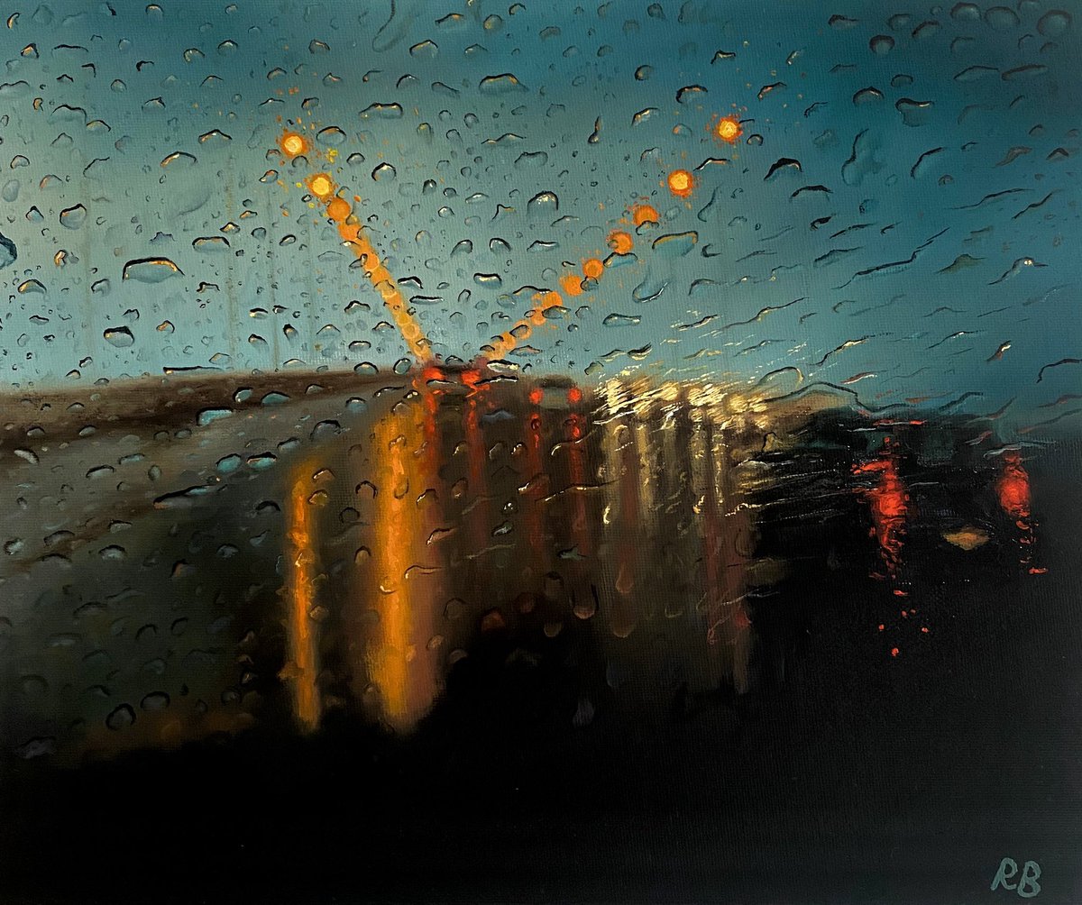 rionabuthello's tweet photo. My oil painting of rain on a windshield https://t.co/VhQR3YT2C2