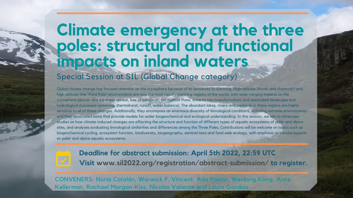 Working in #Arctic, #Antartica or #highaltitude #freshwater? Consider joining our session in the next @SIL_limnology conference in #Berlin
sil2022.org/registration/a…