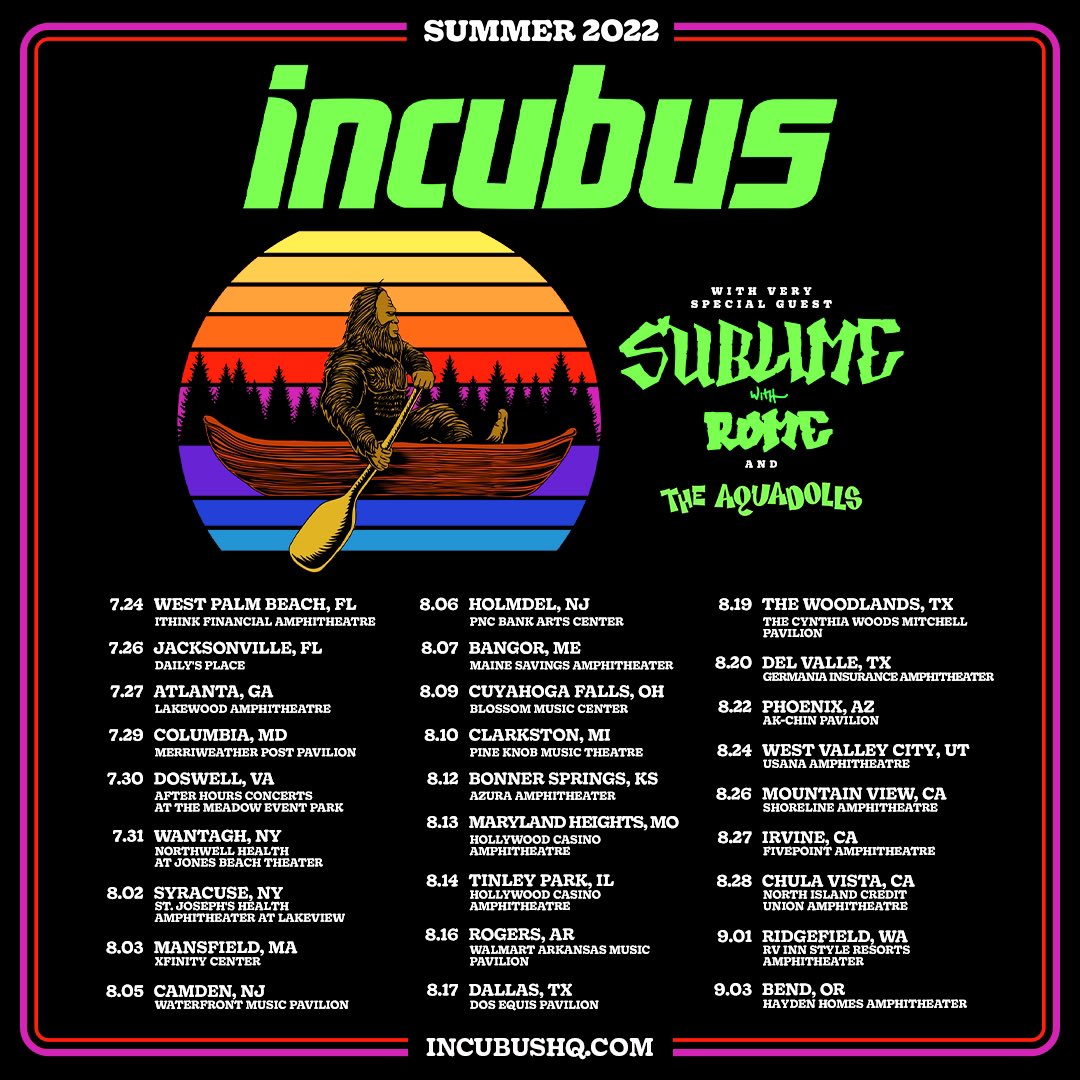 IncubusBand's tweet photo. Summerrrrrr timeeee!!! Can’t wait to see you and your city with @SublimeWithRome and @theaquadolls https://t.co/ABQ1YBkYeD