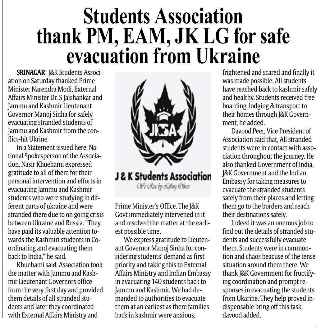 JKSTUDENTSASSO's tweet photo. J&amp;K Students Association thank PM, EAM, JK LG for Safe Evacuation from Ukraine https://t.co/3YsTEuTSa8