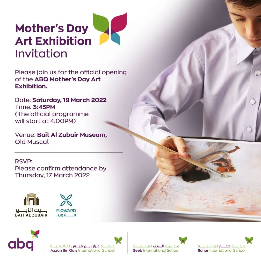 Abqseeb's tweet photo. This Mother’s Day, ABQ is celebrating all mothers with a student art exhibition at Bait Al Zubair Museum in Old Muscat. 

You are cordially invited to join us for the official opening on Saturday, 19 March at 4PM. RSVP: https://t.co/MNB1QiUDKT https://t.co/3a7tzLqmQI