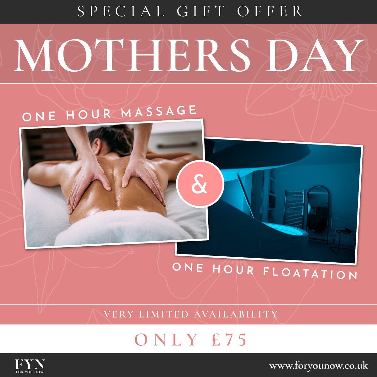 TherealFYN's tweet photo. Thinking of you all this Mother's Day 🌸

Give the gift of indulgence this year with an exclusive treatment package at FYN 🎁

Your loved one can enjoy a one hour luxury massage AND a one hour relaxing floatation session for just £75! Saving you £30.

https://t.co/qaB1ff7uxC https://t.co/ZiaEclJn1d