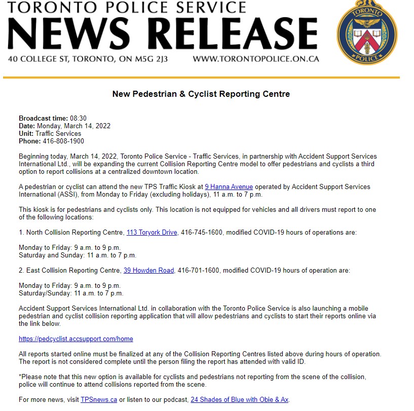 TheBikingLawyer's tweet photo. ATTENTION #BIKETO beginning today @TorontoPolice will offer cyclists/pedestrians a downtown location to report collisions (9 Hannah Ave). But if you're injured ensure police attend the scene. The Biking Lawyer LLP team will provide thoughts &amp; guidance on this tomorrow! https://t.co/LPVro76q33