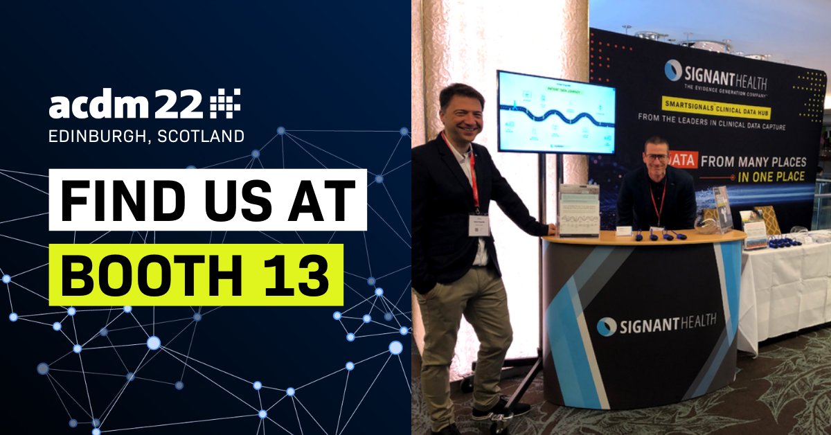 SignantHealth's tweet photo. 📢 Have you visited booth 13 at #ACDM22 yet? Jan and Gael are ready to show you how Clinical Data Hub speeds up #datamanagement cycles, and where it fits into the patient data journey. Get a preview: https://t.co/p9JVm4fWoC https://t.co/qjosVFDNHW