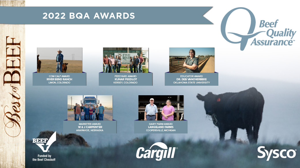 CattleCon's tweet photo. During #CattleCon22, NCBA announced the winners for the 2022 BQA Awards, sponsored by the Beef Checkoff, Cargill & Sysco. The BQA awards recognize outstanding beef & dairy producers, marketers & educators. For more information, visit https://t.co/dQ75VvlHOH. https://t.co/sgLwztganb