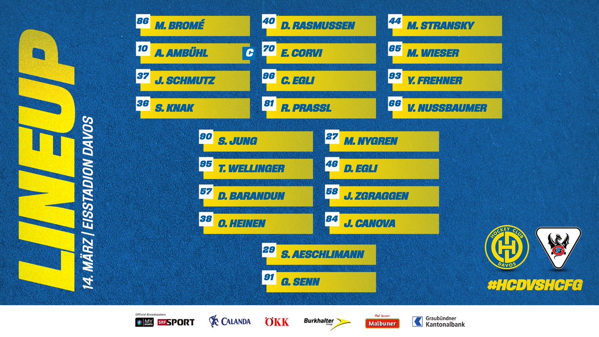 HCD_offiziell's tweet photo. 🚨 Game 5⃣1⃣🆚 @FrGotteron
Das letzte 🔵🟡- #lineup der Quali ohne:
#56Wieser, #71Paschoud, #28Simic (alle 🤕), #75Stoop (🤒) und #88Pospisil (überzählig).
📲 Liveticker ab 19.44h: https://t.co/8YOiZoKS5S
#HCDvsHCFG https://t.co/8TalP2g3ZZ