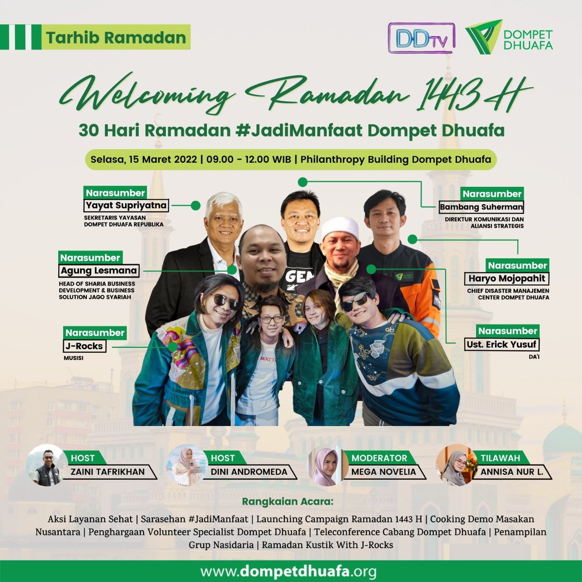 dompetdhuafaorg's tweet photo. 7. 🗓️ 15 Maret 2021
⏰ 09.00 - 12.00 WIB
📍 Philanthropy Building Dompet Dhuafa
Karena Ramadan menjadi sarana meningkatkan kualitas diri dan menyambung tali silaturahmi dengan kerabat serta sanak saudara
Marhaban Ya Ramadan
#TarhibRamadan #JadiManfaat #EventDD #dompetdhuafa https://t.co/CAIuNFDRtY
