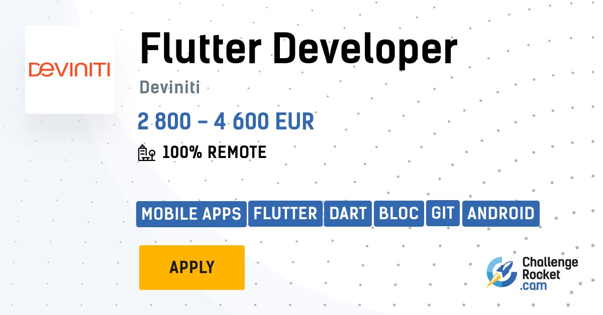 #Flutter #Developer wanted! 👩‍💻👨‍💻 #Salary up to EUR 4 600 (also possible in USD or PLN). 100% #remotely, #B2B contract 💻Tech stack: #Mobile #App #Development, #Flutter, #Dart, #Bloc, #Git, #Android, #Kotlin, #CI/#CD.  Check out the details and apply now 👉 bit.ly/3tY7gjS