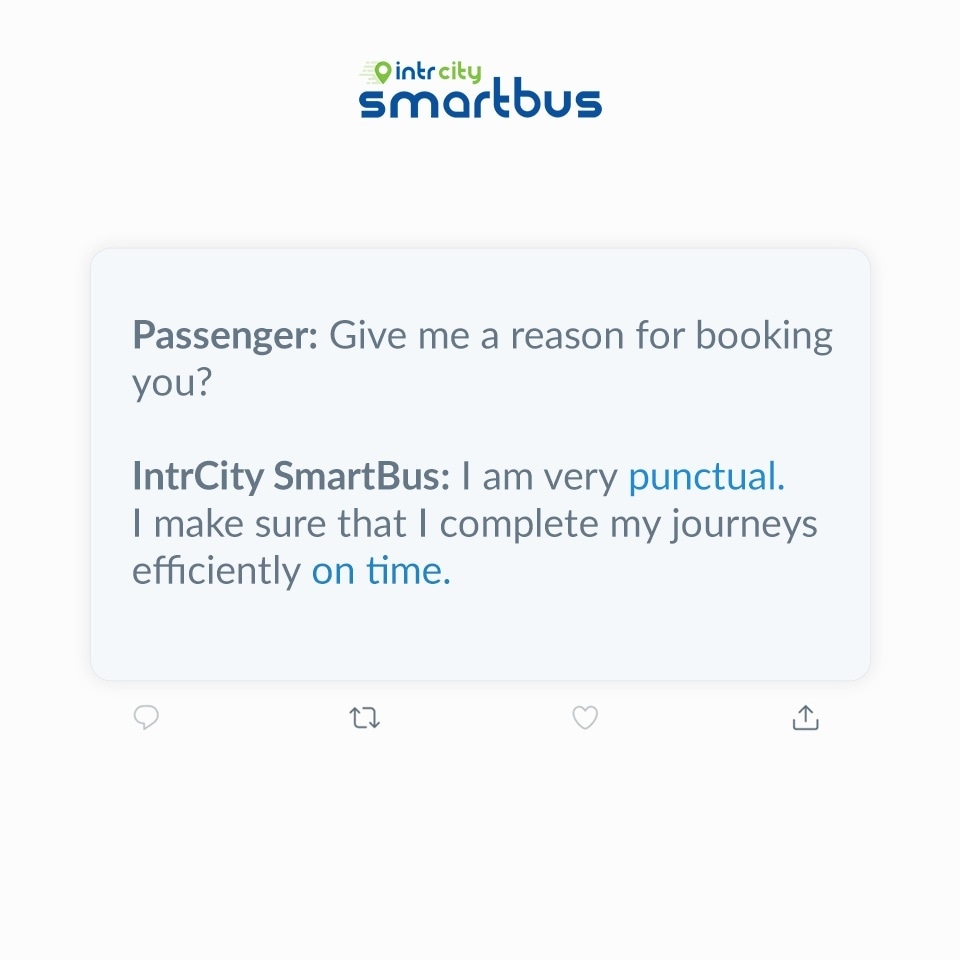 IntrCity's tweet photo. Our kinda job interview.

Yes, IntrCity SmartBus is very punctual. 98% of our buses commence and arrive on time.

So, will you hire us?

#IntrCity #RailYatri #Travel #SmartBus #OnTime #Punctual #Safe #Comfort #EnjoyTheUpgrade https://t.co/UXgUAdyA8M