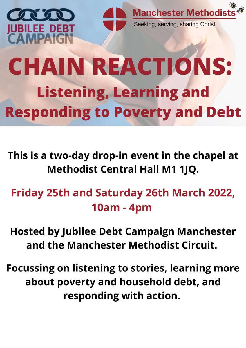 DebtJusticeMcr's tweet photo. Many thanks to Matt Fryer @FBUManchester for circulating our invitation to #ChainReactions event (25th & 26th. Mar.) @man_methodists Oldham St. Come when you can! Friday focus on situation, Saturday on changing it! #DebtWeek #ResistingHouseholdDebt https://t.co/F73FyI4nkv https://t.co/aakTtTFtEo