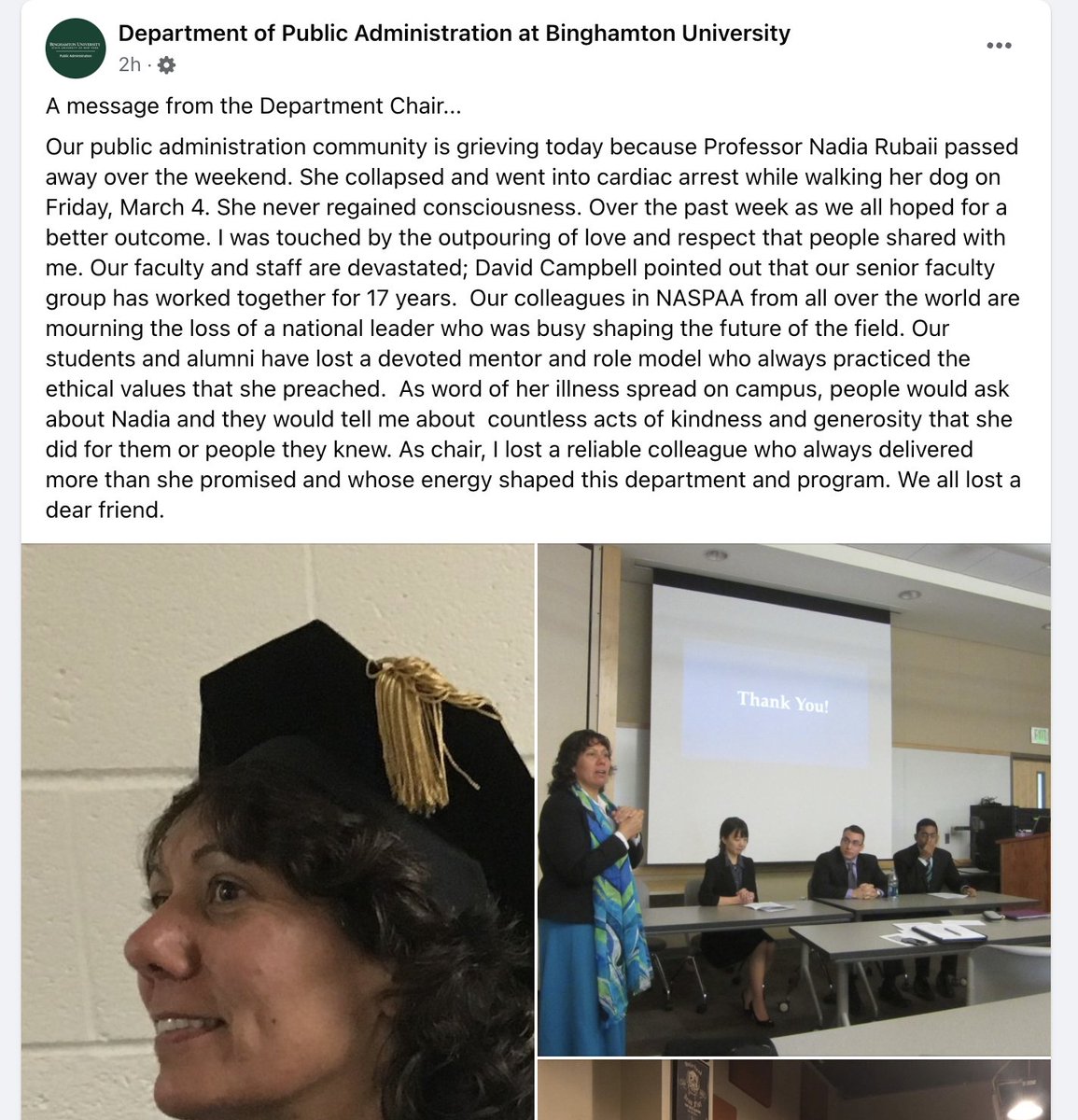 DaveCampbell116's tweet photo. Some of you know that our cherished @binghamtonu colleague Nadia Rubaii has passed away. We are gutted. She was a force @naspaa, @JPAEJournal, in pub admin globally, &amp; w/students (from whom she demanded their best). We are so sad, but grateful for all she did in too short a life. https://t.co/hy91oV1xUv