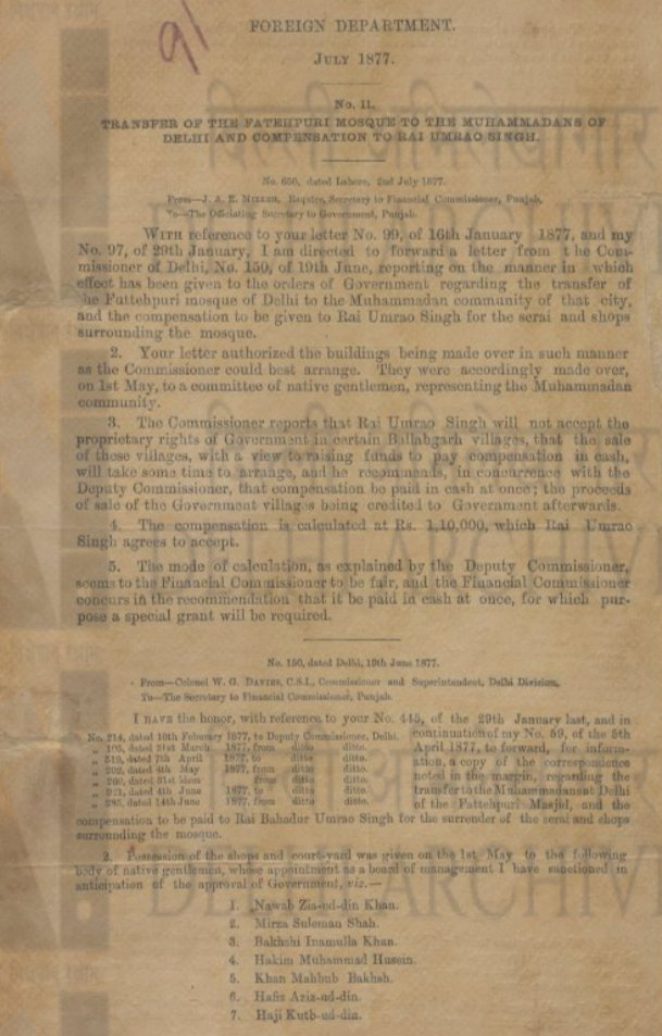 Delhi_Archives's tweet photo. #DocumentoftheWeek
From the records of the Delhi Archives: A rare document regarding the transfer of Fatehpuri Masjid to the Muslim community of the city Delhi, 1877. https://t.co/k3Pu58itnk