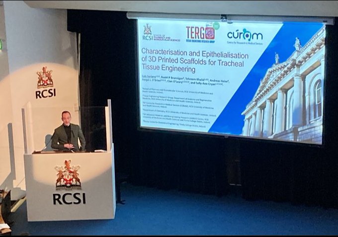 RCSIPharmBioMol's tweet photo. Congratulations to Dr. Luis Soriano on his success at @RCSI_Irl  Research Day 2022

@luisoriano_ won the Best Early Career Investigator  Award for his talk: Development and Epithelialisation of Tissue Engineered Scaffolds for Tracheal Restoration and Regeneration

#RCSIDiscover https://t.co/Gtmuq601ZS