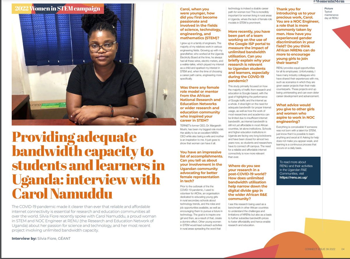 RENU_256's tweet photo. A Good Read for You!
Carol Namuudu, a Networks Engineer at RENU, featured in the #CONNECT39 as part of the #WomenInSTEM campaign.
👉🏾 https://t.co/qPH4QRp9fi https://t.co/CosFo6l7C3