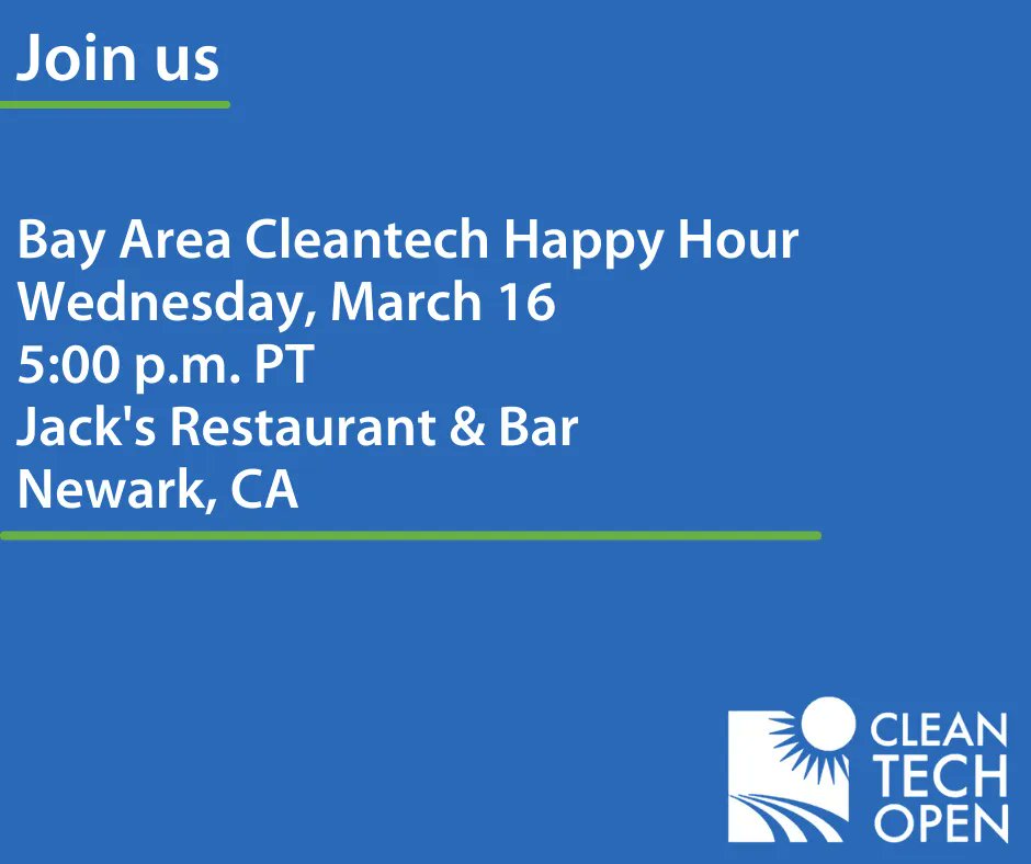 cleantechopen's tweet photo. Interested in #cleantech or #entrepreneurship? Join us in the Bay Area for a Cleantech Happy Hour THIS Wednesday! Meet like-minded people and chat about evolving cleantech markets, environmental public policy, learn about the #CTOAccelerator.
Register: https://t.co/wxuDpkrE4o. https://t.co/3e2l8mtvJj