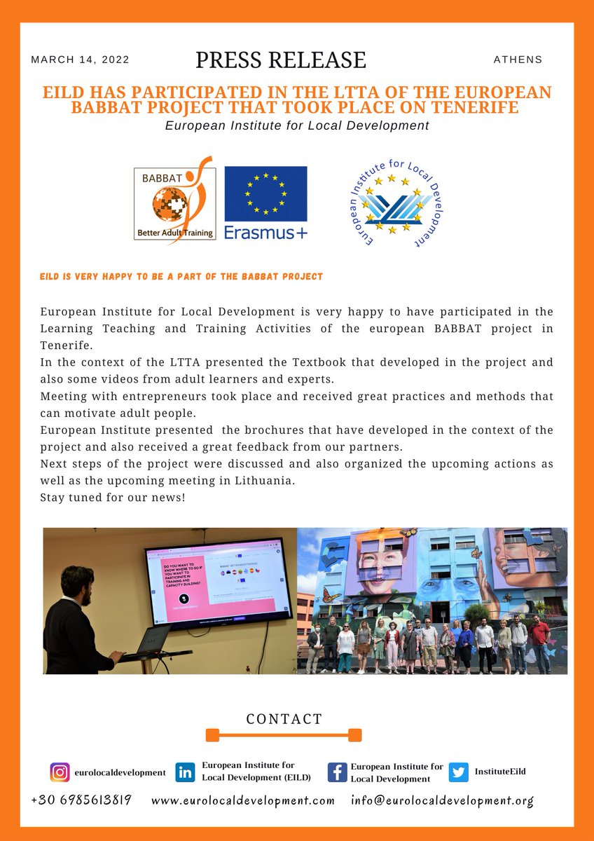 InstituteEild's tweet photo. BETTER ADULT TRAINING‼️
European Institute is very happy to participated in the LTTA of the European BABBAT project in Tenerife with its esteemed partners. 📍🇪🇸 #BABBAT #ErasmusPlus https://t.co/n4eMvxCrfr