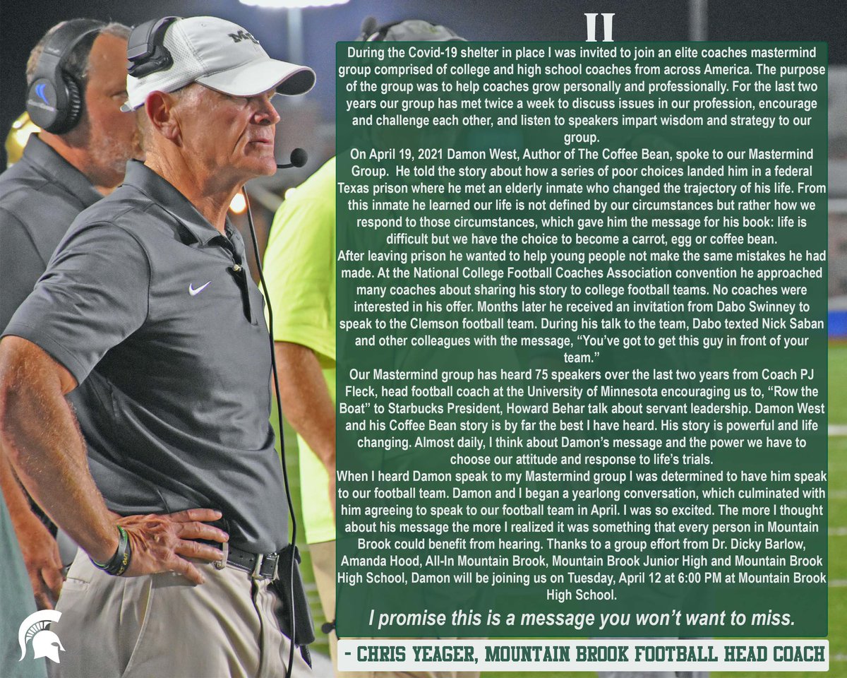 .<a href="/YeagerSpartanFB/">Chris Yeager</a> has been instrumental in bringing Damon West to Mtn Brook on April 12. Here’s his statement on the impact West will have. Reserve your spot today! <a href="/MOUNTAINBROOK/">ALL IN MOUNTAIN BROOK</a> 

🔗 allinmountainbrook.org