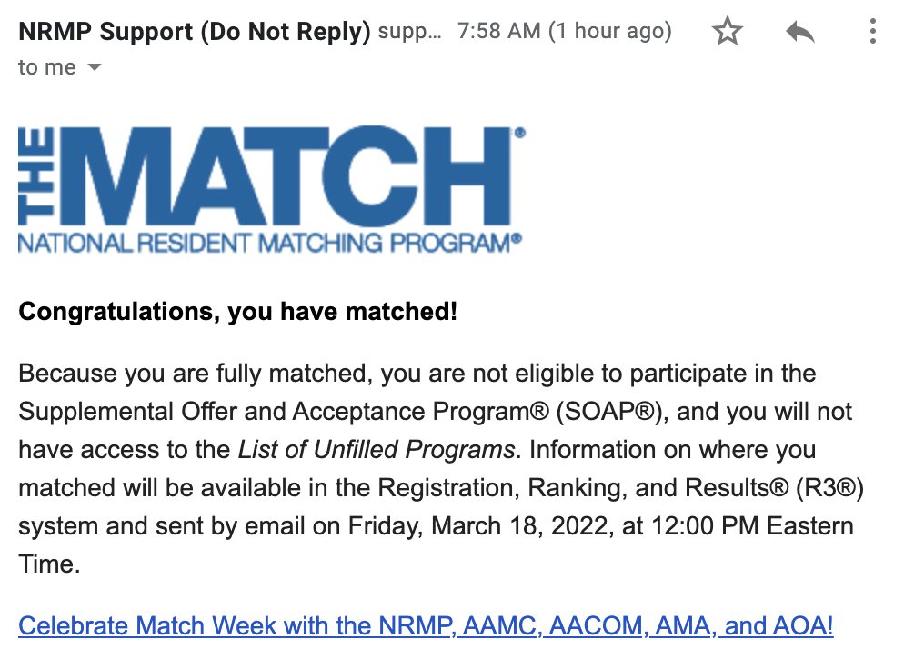artmajormd's tweet photo. Beyond grateful! 😭😭🤩 #dermatology #NRMPmatch #Match2022 https://t.co/jUuokrfsrY